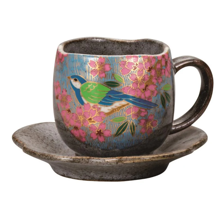 Kutaniyaki Gold Cherry Blossom & Bird Mug and Saucer Pair Set - Image 3