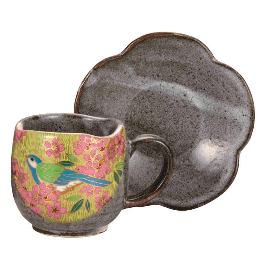 Kutaniyaki Gold Cherry Blossom & Bird Mug and Saucer Pair Set - Image 4